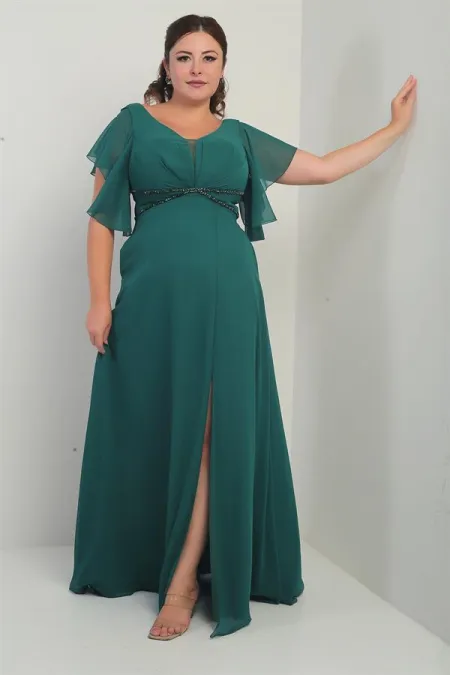 Robe en mousseline grande taille pour femme, décolleté en V devant et dos, manches à volants, ceinture doublée et poches.