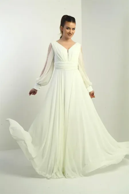 Ön Arka V Yaka Önü Drapeli Kolları Tül Astarlı Geniş Beden Aralıklı Uzun Şifon Elbise