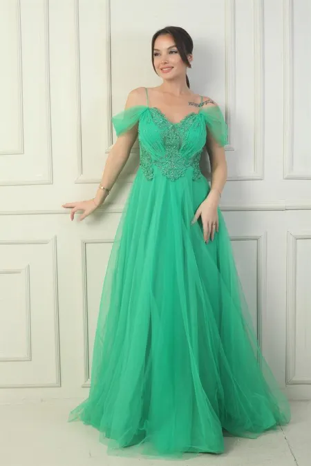 Robe de soirée princesse pour femme, décolleté en V devant et dos, manches tombantes doublées et broderie appliquée sur le haut