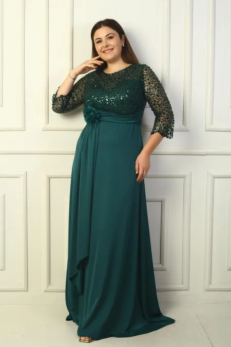 Kadın Çiçekli Altı Saten Üstü Gritel Astarlı Büyük Beden Uzun Elbise