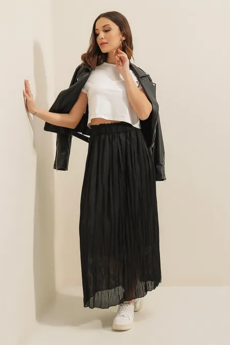 Elastic Waist Lined Thin Satin Striped Skirt