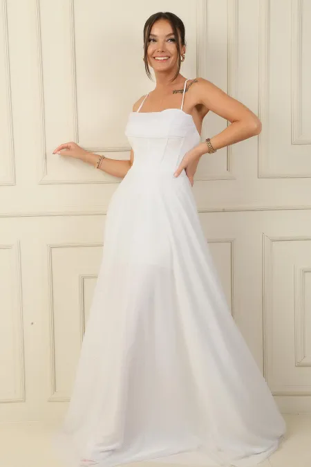 İp Askılı Balenli Üstü Drapeli Astarlı Tül Simli Uzun Abiye Elbise