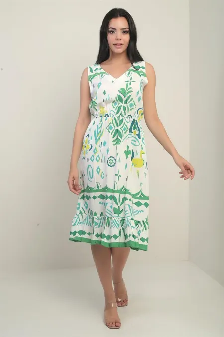 Women's Front Back V Neck Elastic Waist Pocket Mixed Geometric Pattern Ruffle Dress