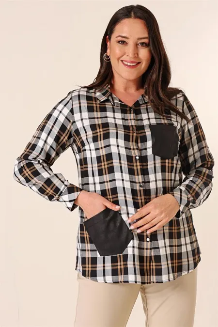 Chemise à carreaux grande taille avec boutons métalliques, détails en cuir, double poche et manches retroussables