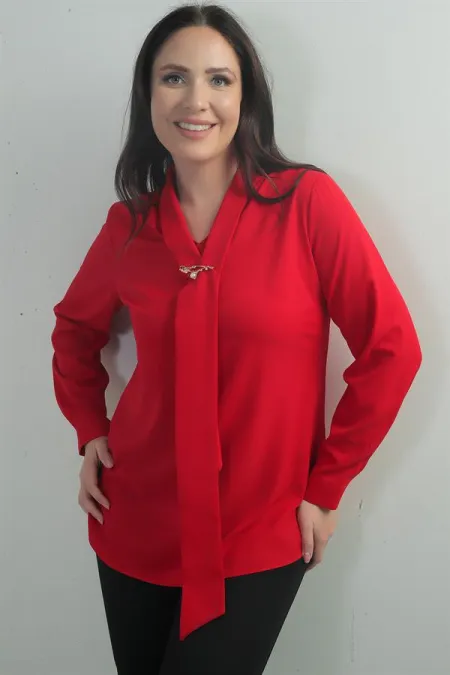 Women's V-Neck Scarf-Style Crepe Satin Plus Size Blouse