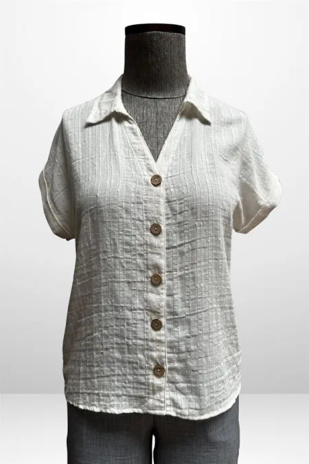 Kadın Polo Yaka Kendinden Desenli Keten Gömlek