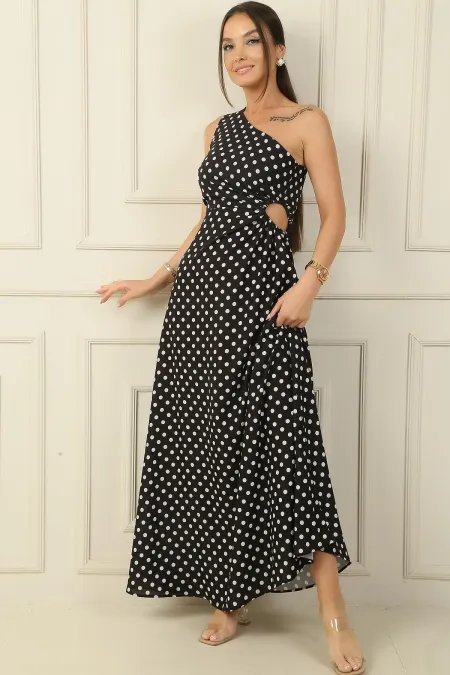 Robe longue asymétrique à pois en crêpe satin avec découpes latérales pour femme