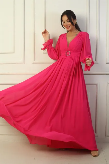 Kadın V Yaka Beli Tokalı Astarlı Şifon Uzun Abiye Elbise