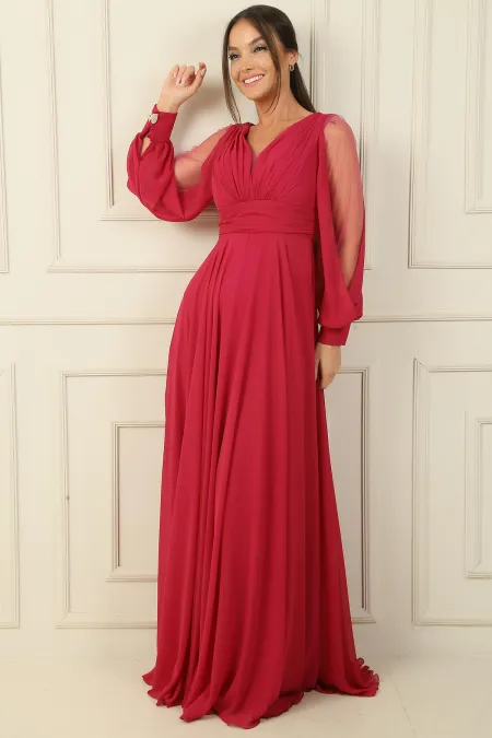 Ön Arka V Yaka Önü Drapeli Kolları Tül Astarlı Geniş Beden Aralıklı Uzun Şifon Elbise