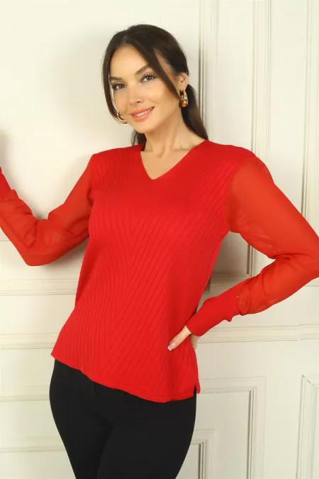 Kadın Kolları Şifon V Yaka Kazak