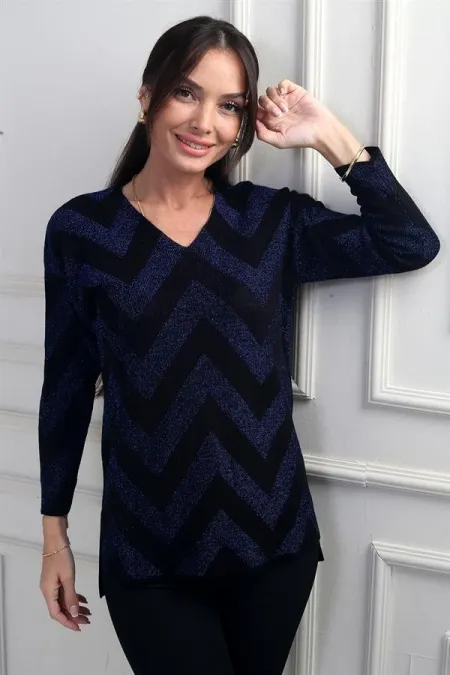 Chemisier à paillettes à col en V pour femme, à motifs zigzag, grande taille et à volants espacés