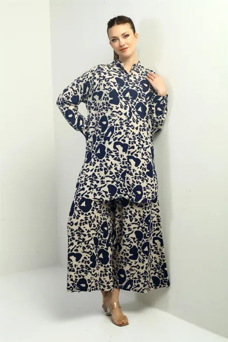 Women's Side Slit Tunic Shirt, Elastic Waist Pocketed Palazzo Pants, Mixed Pattern Oversize 2-Piece Set