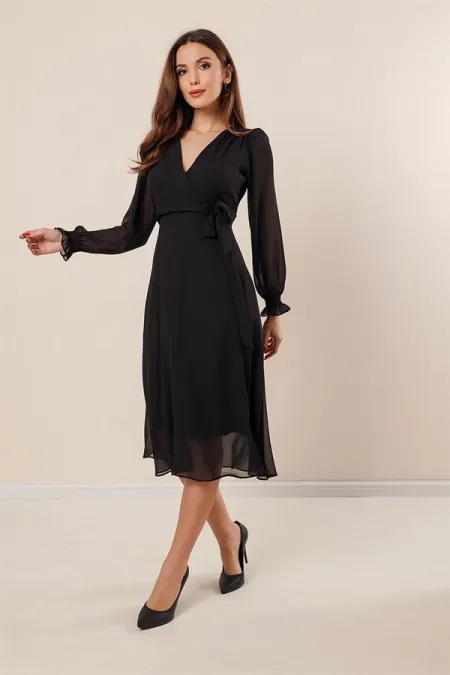 Wrap Neckline Side Tie Lined Chiffon Dress