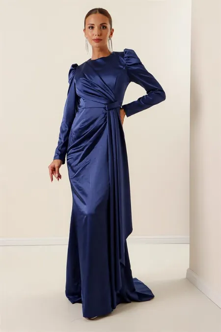 Long-sleeved satin dress with pleat detail at the front and lining.
