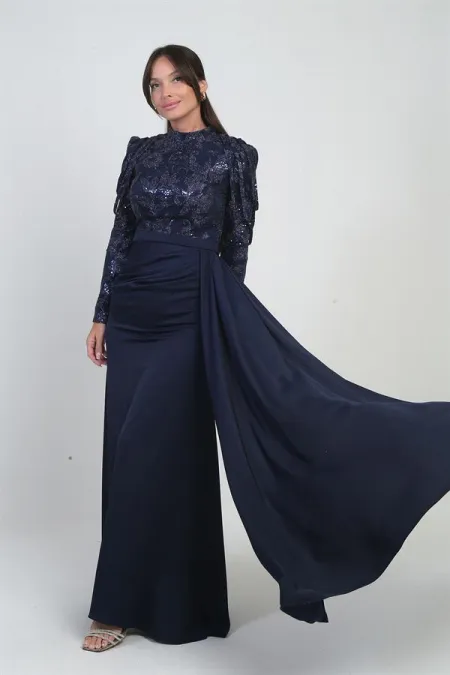 Robe longue en mousseline pour femme, ornée de sequins et de paillettes sur le haut et d'une jupe froncée, doublée.