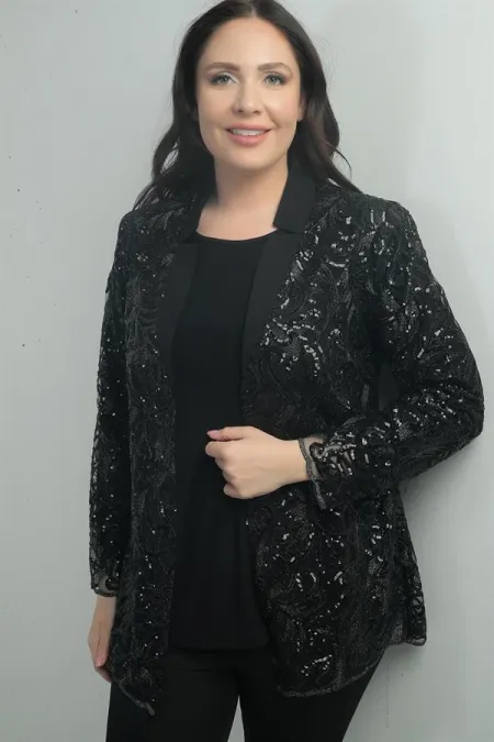 Ensemble 2 pièces pour femme, veste en tulle à sequins et chemisier à manches longues en lycra, grandes tailles