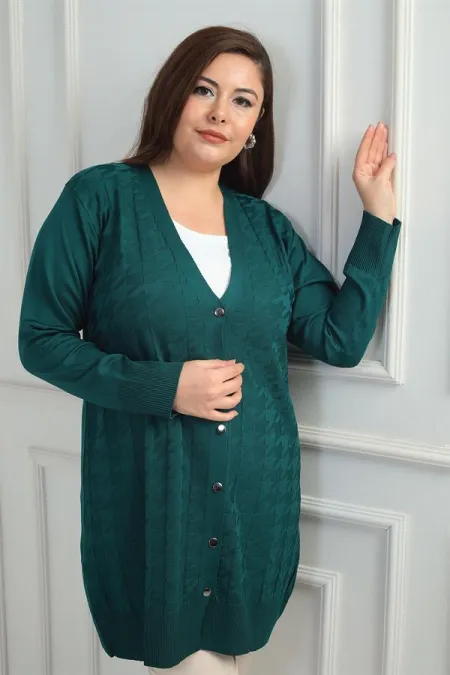 Gilet long grande taille pour femme, motif pied-de-poule, en fil froid.