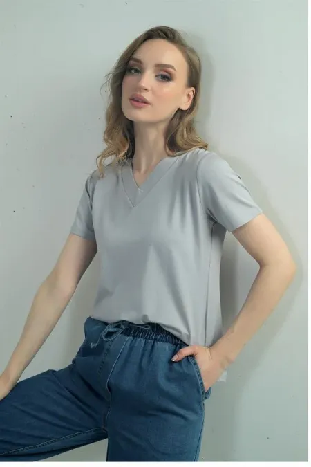 Women's V-Neck Short-Sleeve Blouse with Slit