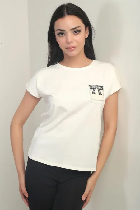 Women's Round Neck Short Sleeve Blouse with Pocket Detail and Lycra Fabric