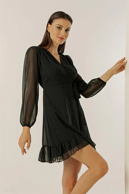 Wrap Neckline Polka Dot Side Tie Lined Short Chiffon Dress