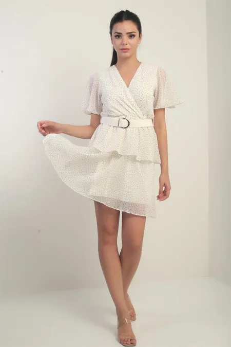 Women's Wrap Neckline Belted Lined Polka Dot Layered Chiffon Short Dress