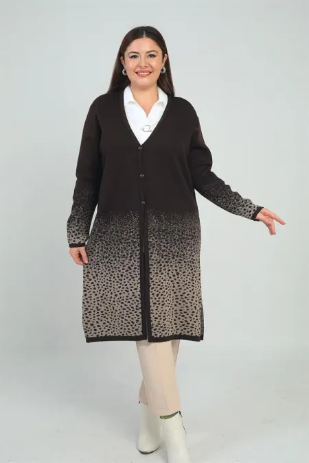 Cardigan long en maille grande taille à imprimé léopard et motif neige avec poches pour femme