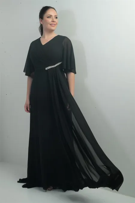 Robe longue en mousseline pour femme, grande taille, col en V, ceinture ornée de pierres, drapée et doublée