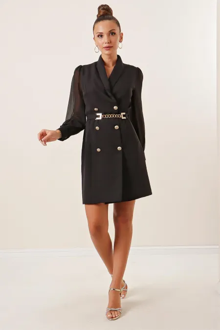 Front Buttoned Hidden Pocket Belted Waist Lined Sleeve Tulle Dress