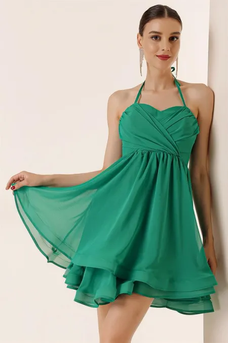 Halter Neck Lined Short Chiffon Dress