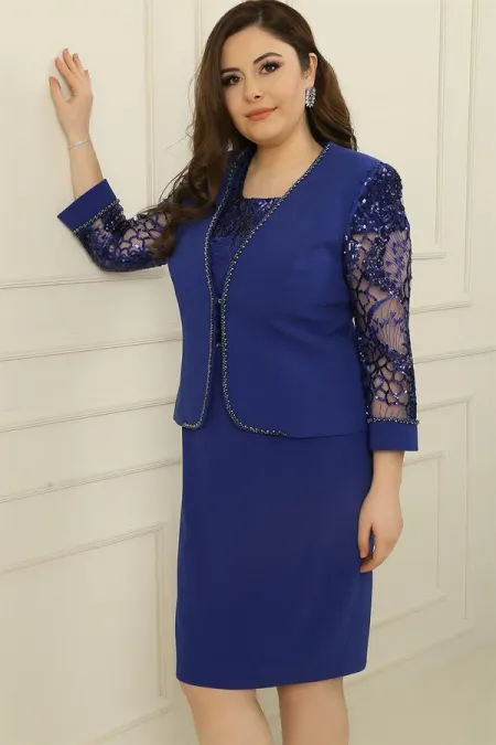 Ensemble robe et veste doublée ornée de sequins et de tulle, grande taille, 2 pièces
