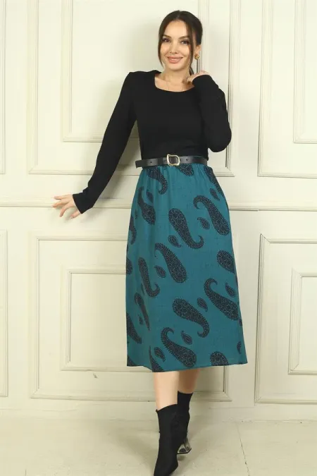 Women's Belted Waist Skirt with Shawl Pattern and Lining