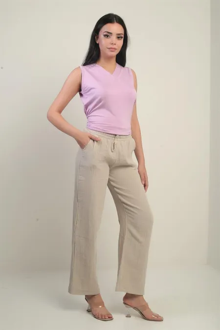 Pantalon palazzo en mousseline pour femme, avec taille élastique et poches