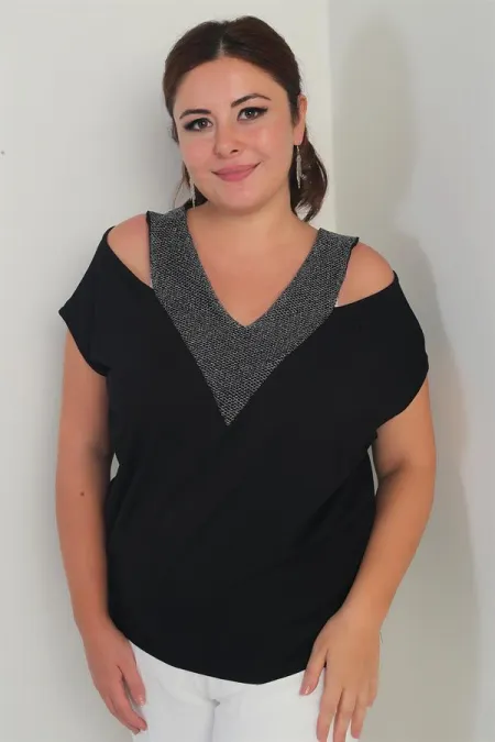 Kadın Ön Arka V Fileli Omuz Dekolteli Likralı Büyük Beden Bluz