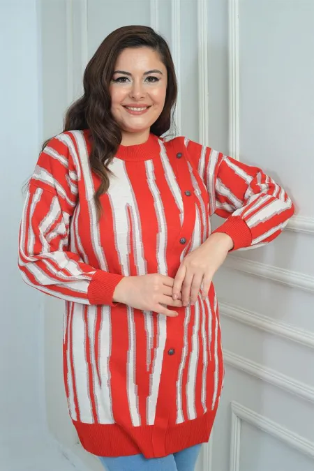 Kadın Önü Düğme Detaylı Simli Boyuna Çizgili Büyük Beden Triko Tunik Kazak