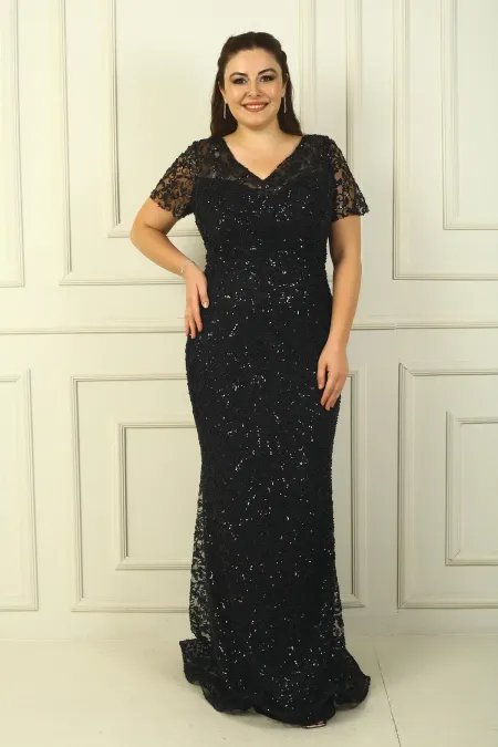 Ön Arka V Yaka Astarlı Boncuk-Pul İşlemeli Büyük Beden Abiye Elbise