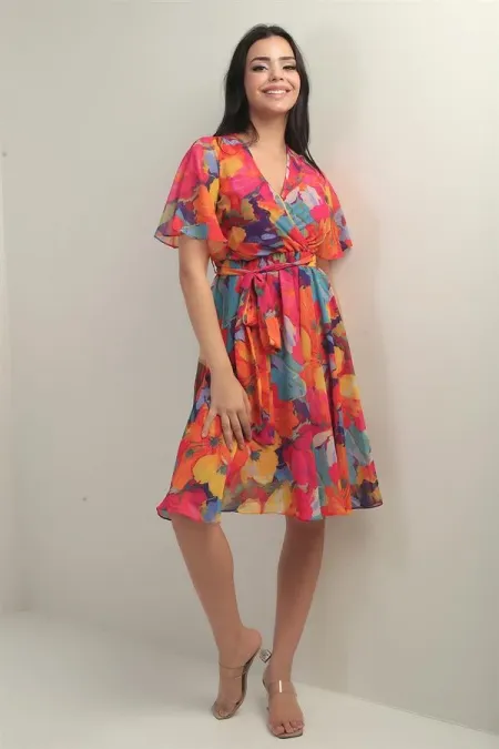 Women's Wrap Neckline Ruffled Sleeve Lined Belted Large Floral Chiffon Dress