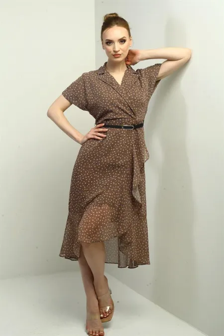 Kadın Kruvaze Yaka Astarlı Çıtır Desen Önü Volanlı Şifon Elbise