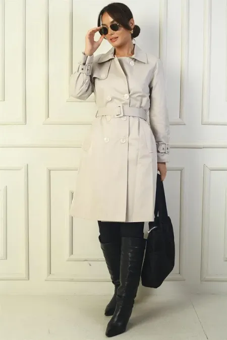 Trench-coat pour femme avec ceinture à la taille et aux manches, fermeture boutonnée sur le devant et poches