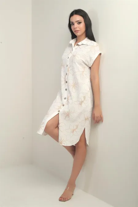 Women's Short-Sleeved, Corded, Pocketed Shirt Dress with Side Slits