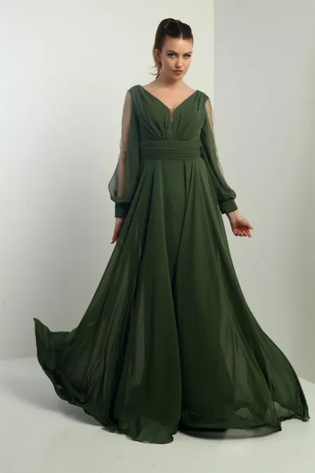 Ön Arka V Yaka Önü Drapeli Kolları Tül Astarlı Geniş Beden Aralıklı Uzun Şifon Elbise