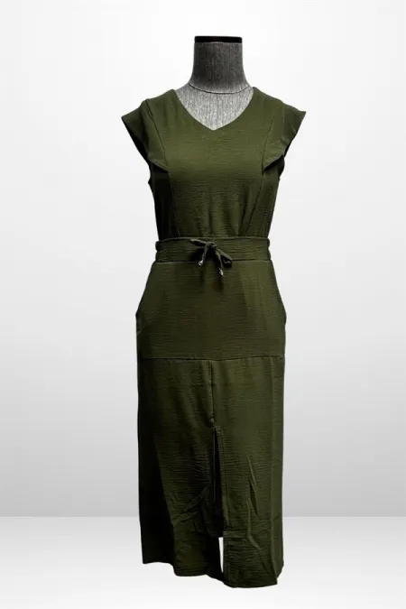 Kadın V Yaka Bluz Beli Lastikli Cepli Önü Yırtmaçlı Etek 2'li Takım