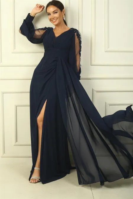 V-Neck, Draped Front, Lined, Tulle Lace Detail Sleeves, Wide-Sized Chiffon Long Dress