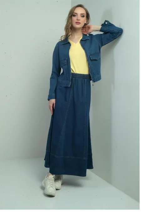 Women's Elastic Waist Long Flared Skirt and Front Zipper Jacket with Patch Pockets - Two-Piece Denim Set