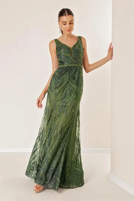 Kalın Askılı Hayalet Tüllü Astarlı Simli Uzun Elbise