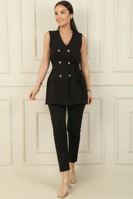 6-Button Vest with Faux Pockets and Belt, Elastic Waist Slim-Fit Trousers - 2-Piece Set