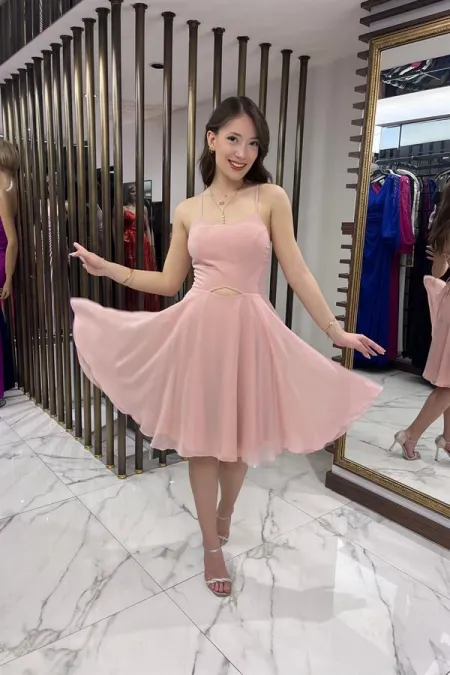 Women's Rope Strap Back Tie Front Window Lined Chiffon Short Flared Dress