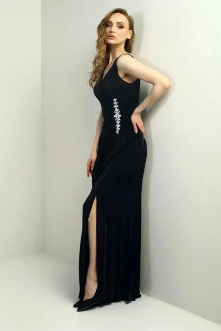 Women's Wrap Neckline Long Evening Dress with Thick Shoulder Stone Detail, Stone Embellished Front, Gathered, and Slit