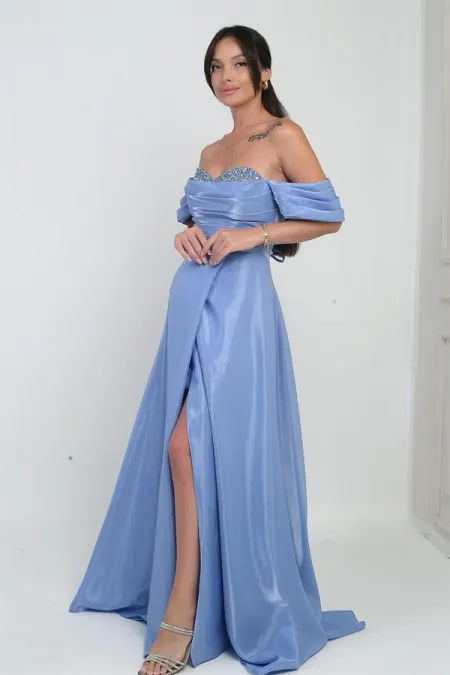 Robe longue bustier à manches basses en organza pour femme, ornée de pierres scintillantes