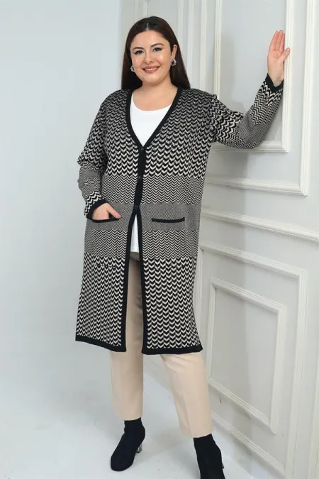 Kadın Balıksırtı Desenli Cepli Büyük Beden Uzun Triko Hırka