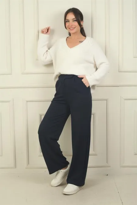 Pantalon palazzo plissé en lycra pour femme avec poches à scratch
